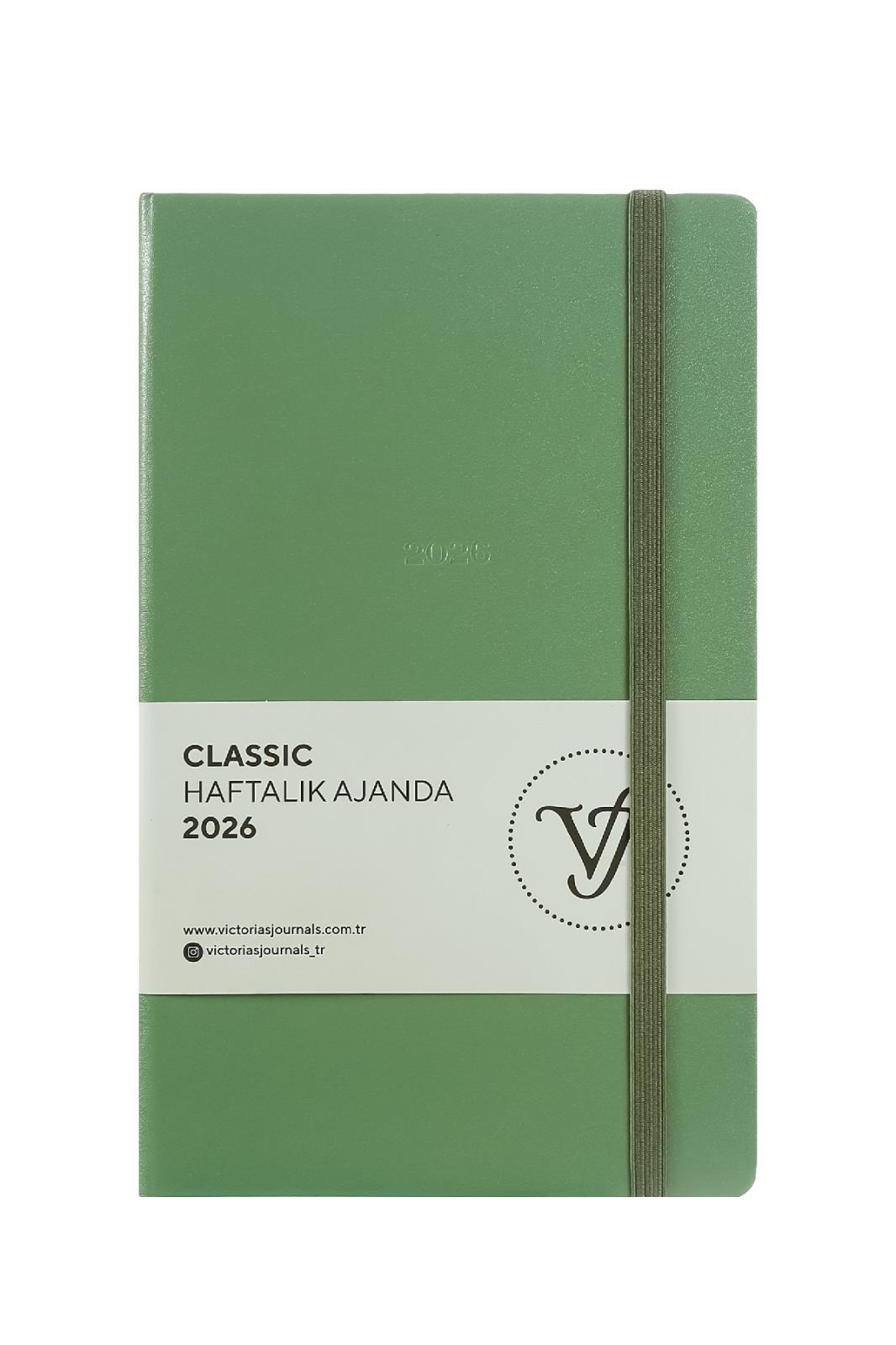 Victoria's Journals Classic 2026 Haftalık Ajanda 13x21 cm.Sert Kapak. Ivory 80 gr.144 Sayfa. Cepli. Lastikli.Olive