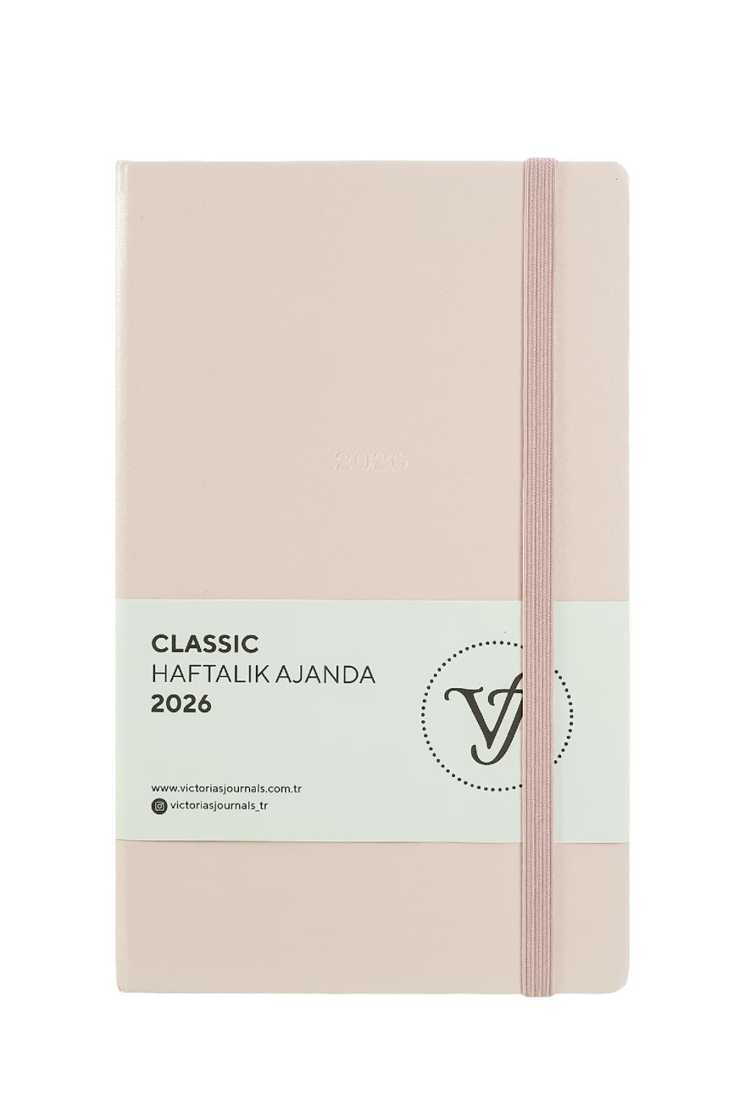 Victoria's Journals Classic 2026 Haftalık Ajanda 13x21 cm.Sert Kapak. Ivory 80 gr.144 Sayfa. Cepli. Lastikli.Pembe