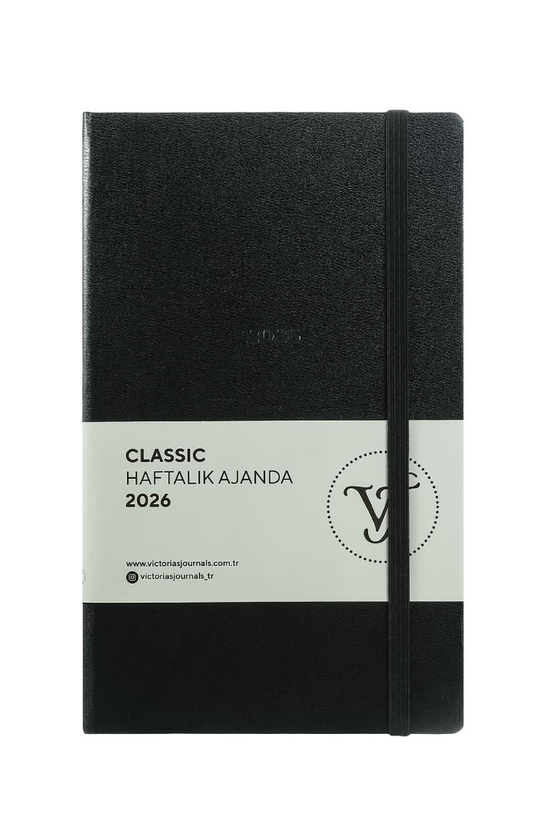 Victoria's Journals Classic 2026 Haftalık Ajanda 13x21 cm.Sert Kapak. Ivory 80 gr.144 Sayfa. Cepli. Lastikli.Siyah