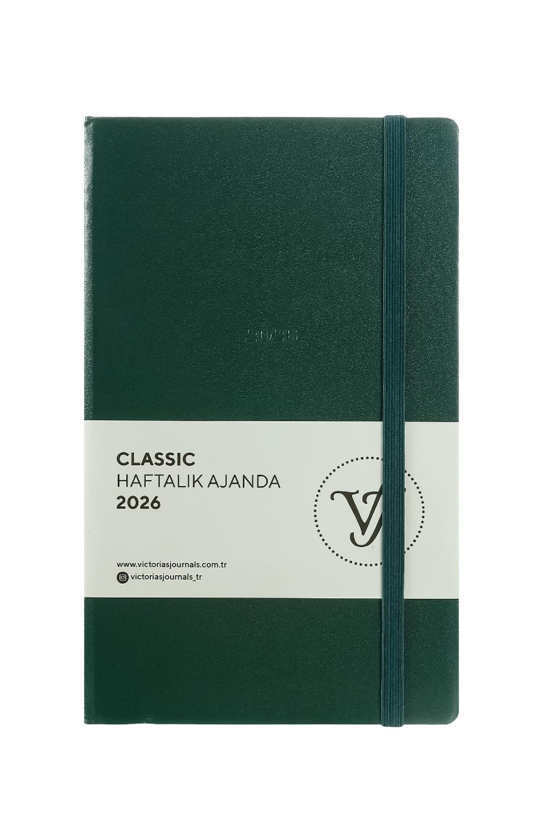 Victoria's Journals Classic 2026 Haftalık Ajanda 13x21 cm.Sert Kapak. Ivory 80 gr.144 Sayfa. Cepli. Lastikli.Yeşil