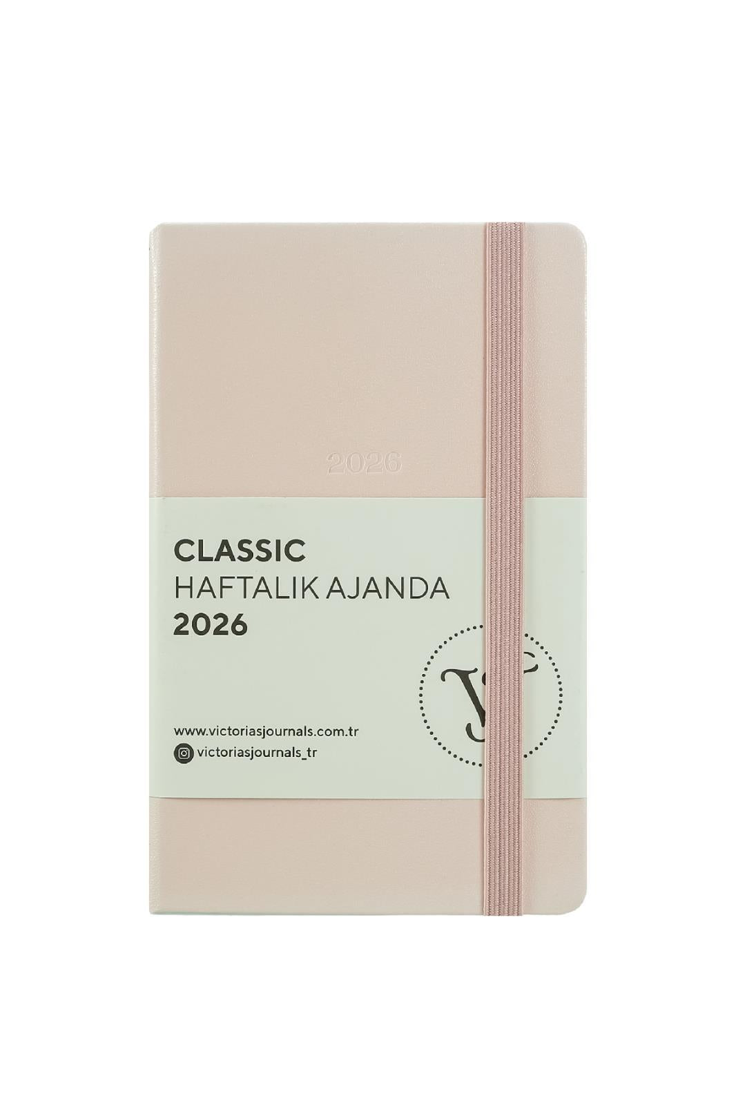 Victoria's Journals Classic 2026 Haftalık Ajanda 9x14 cm.Sert Kapak. Ivory 80 gr.144 Sayfa. Cepli. Lastikli.Pembe